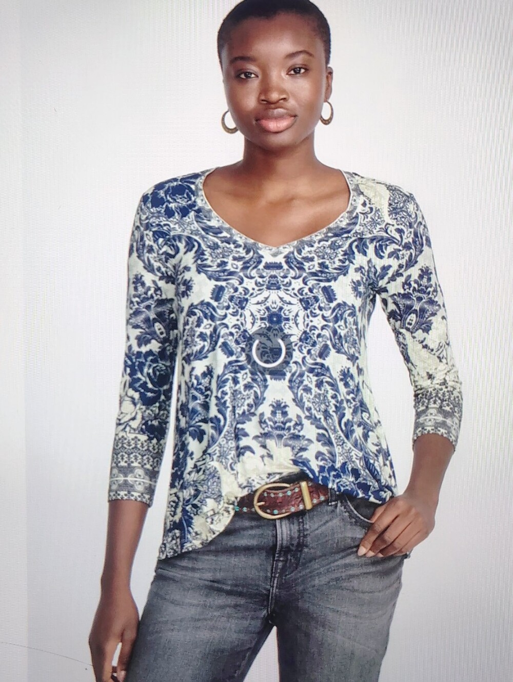 Johnny Was Filo Favorite 3/4 Sleeve V-Neck Navy White Boho-chic Top Sz M